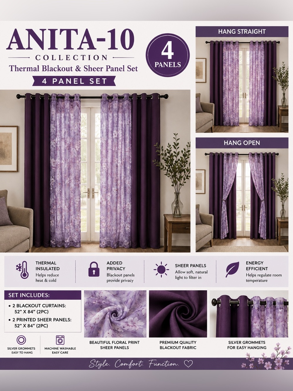 Purple Thermal Blackout & Sheer Curtain Set - 4 Panel